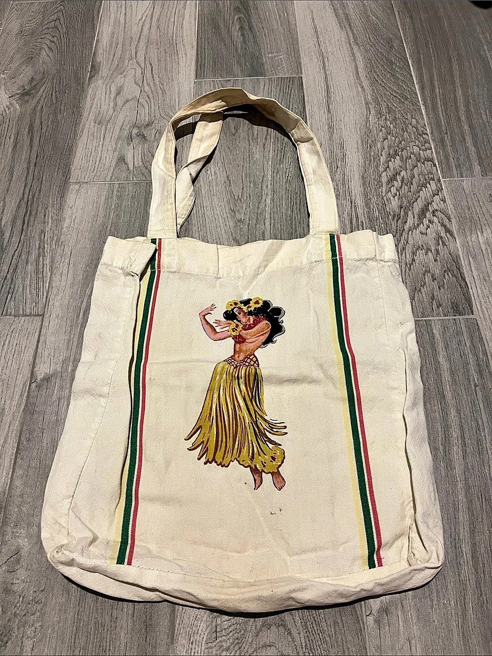 Hula Girl Canvas Tote in Cream & Green